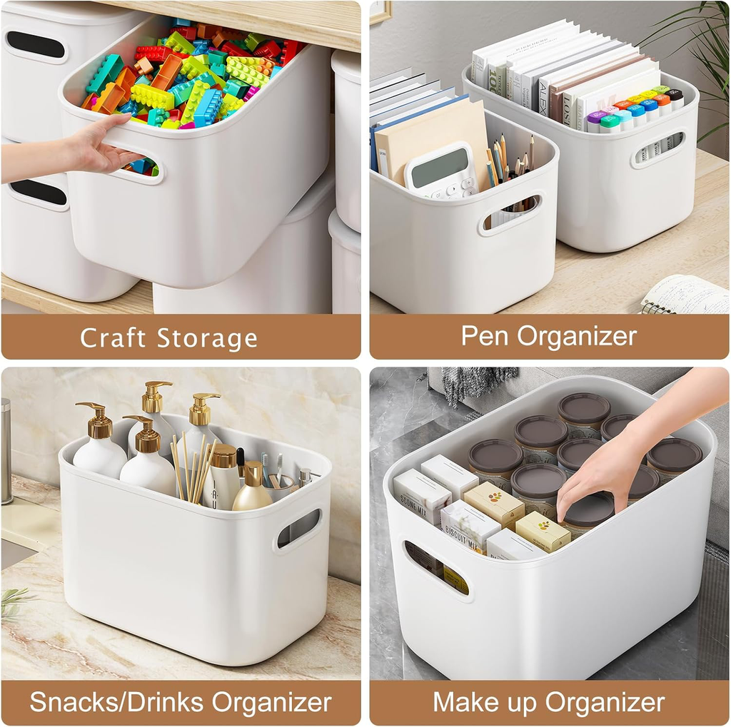 8 Pack White Storage Bins with Lids Stackable Storage Container for Organizing, Storage Boxes with Handle for Shelves, Cute Storage Bin for Craft, Snacks, 9.85x6.9x5.7 inch