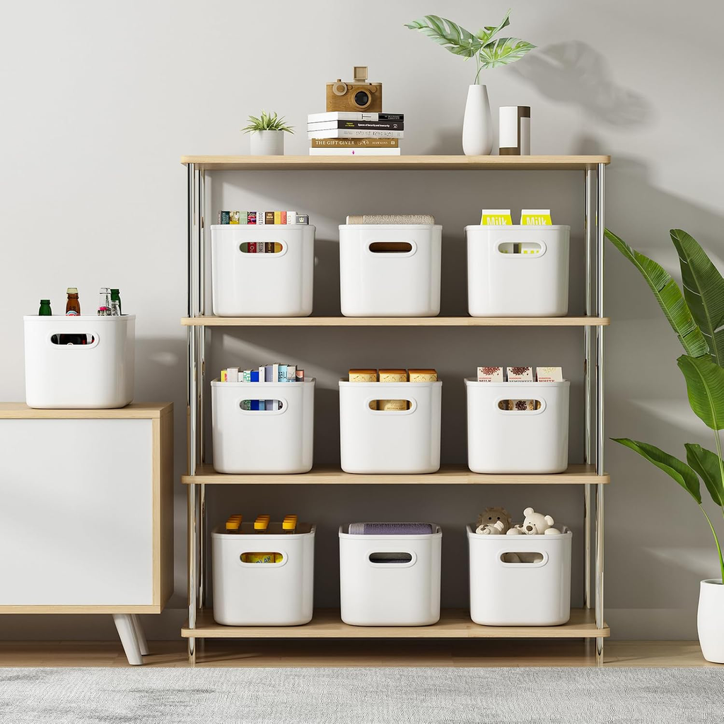 8 Pack White Storage Bins with Lids Stackable Storage Container for Organizing, Storage Boxes with Handle for Shelves, Cute Storage Bin for Craft, Snacks, 9.85x6.9x5.7 inch